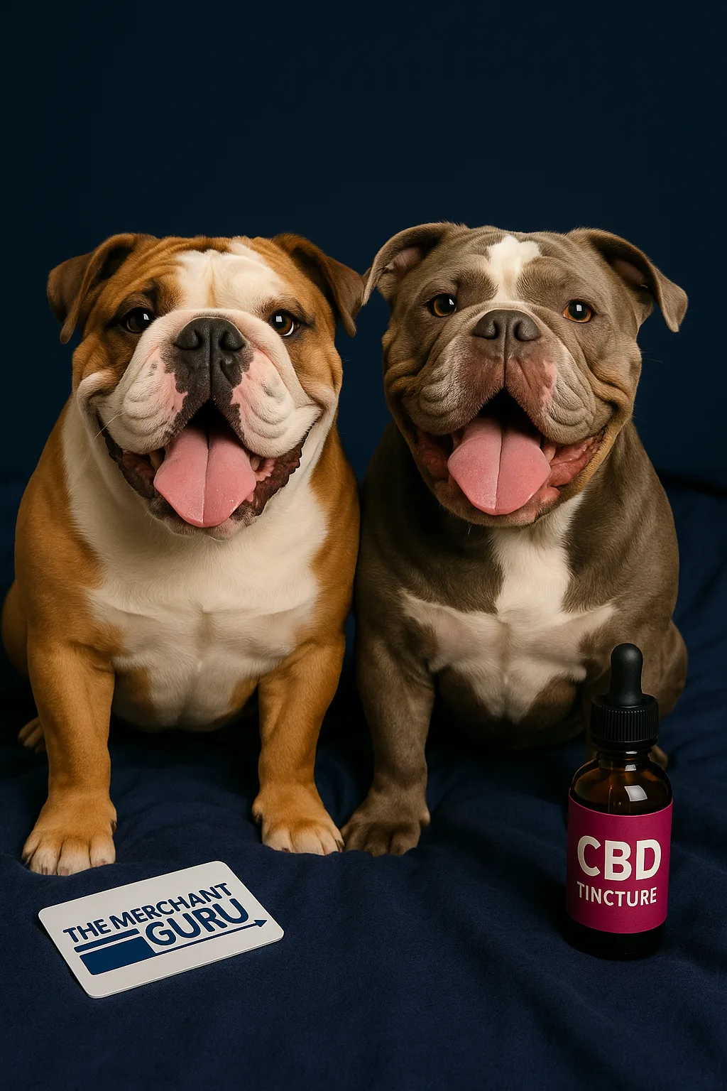 2 dogs in front of a bottle of CBD