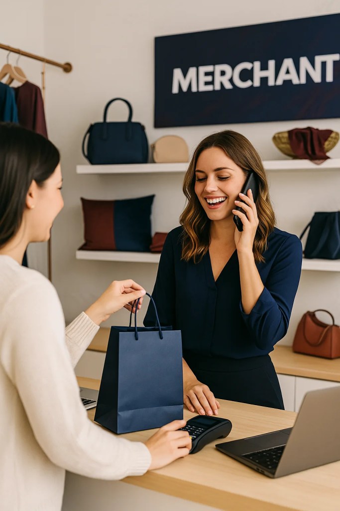 Merchant on the phone with a customer in a retail shop