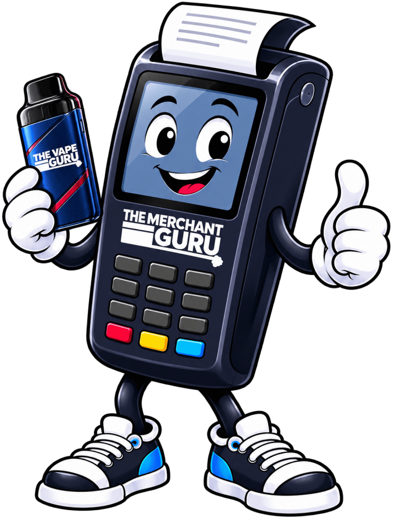 The Merchant Guru Mascot holding a vape pen