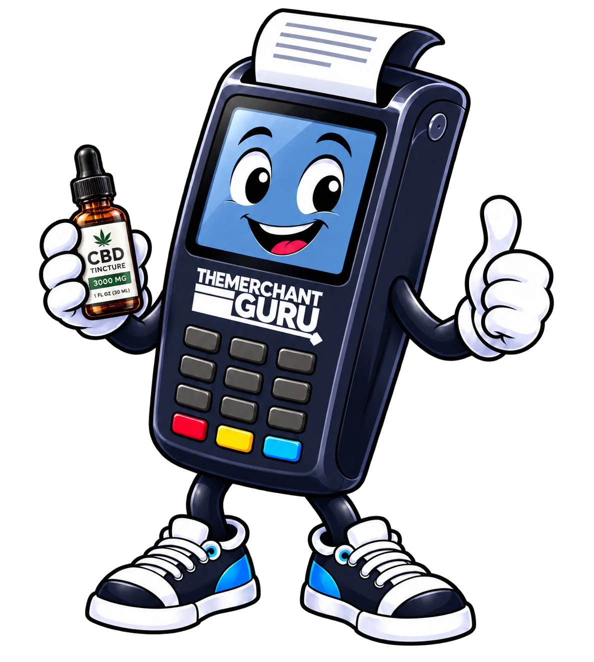 Termy the merchant guru mascot holding a CBD tincture