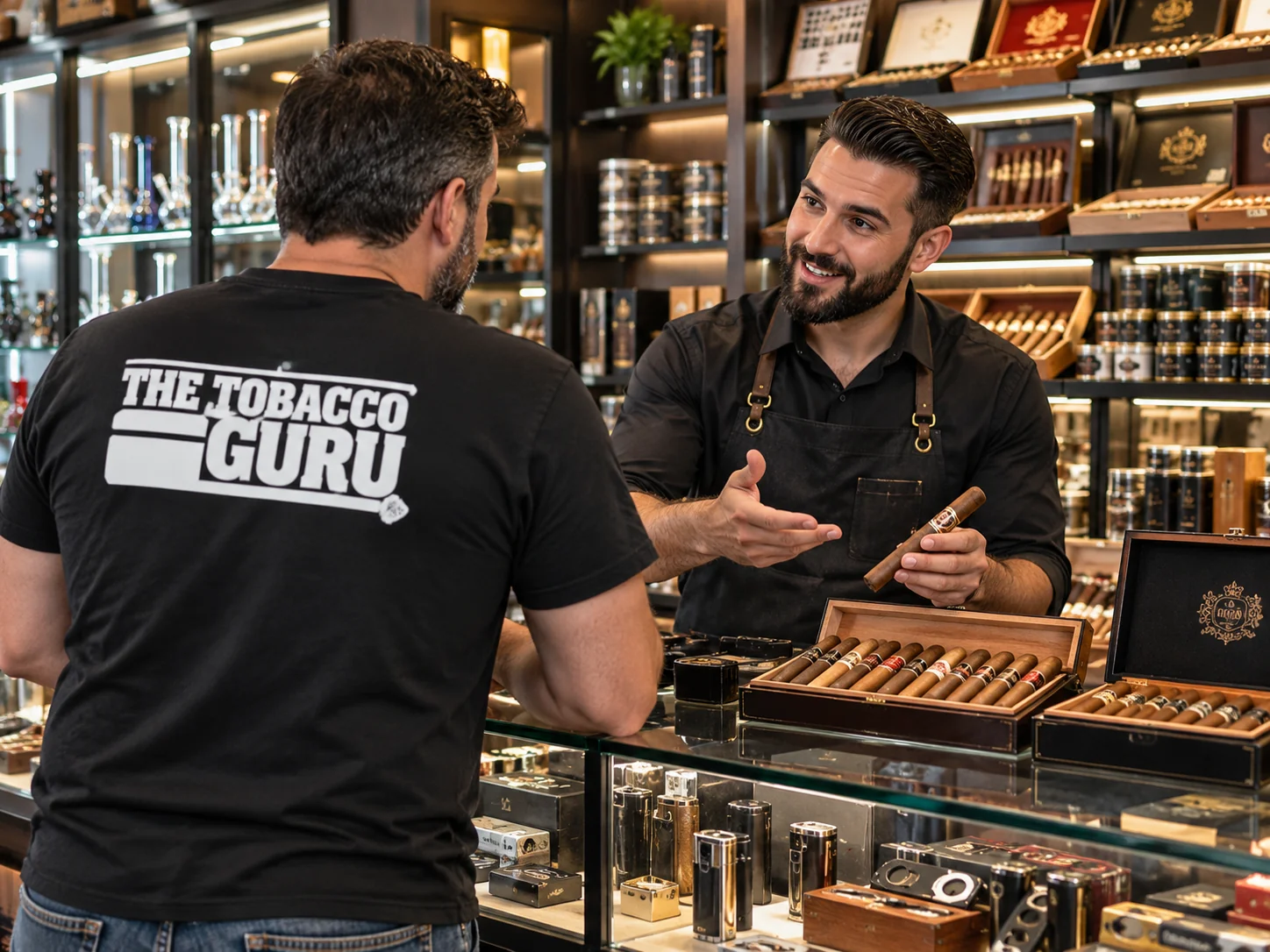 Cigar shop clerk helping a customer at a tobacco store counter