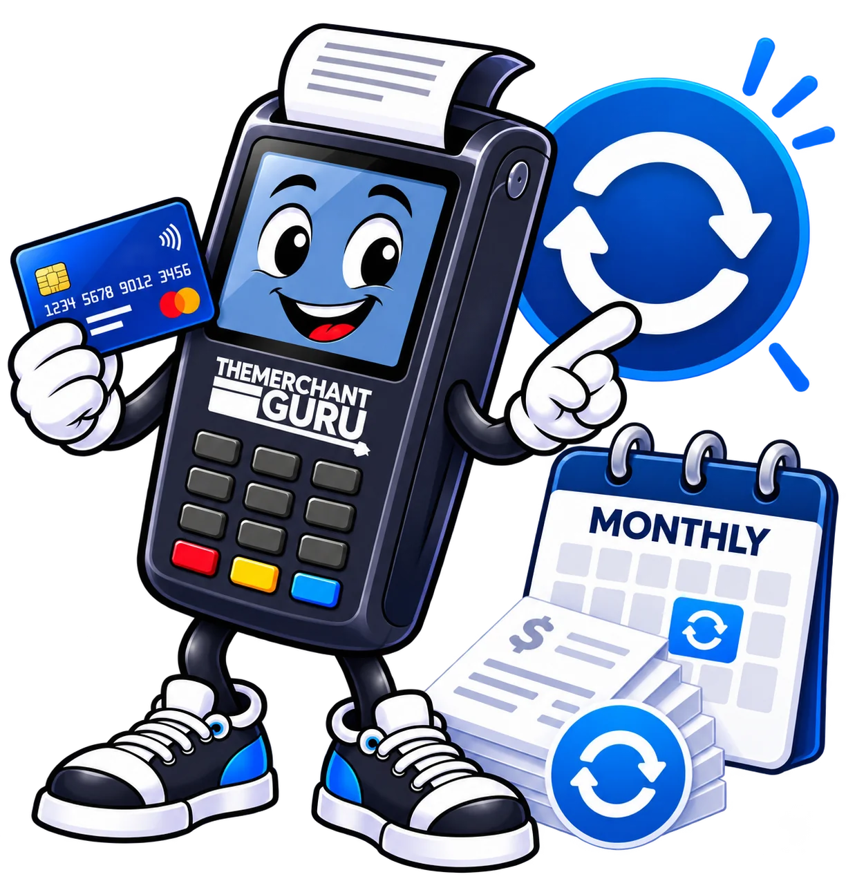Subscription merchant account guru mascot with recurring billing calendar