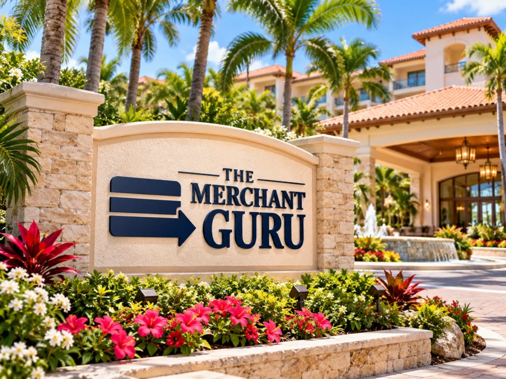 The Merchant Guru sign at a resort entrance