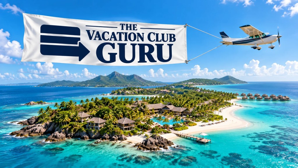 A plane flying over and island with banner that says The VacationCLub Guru